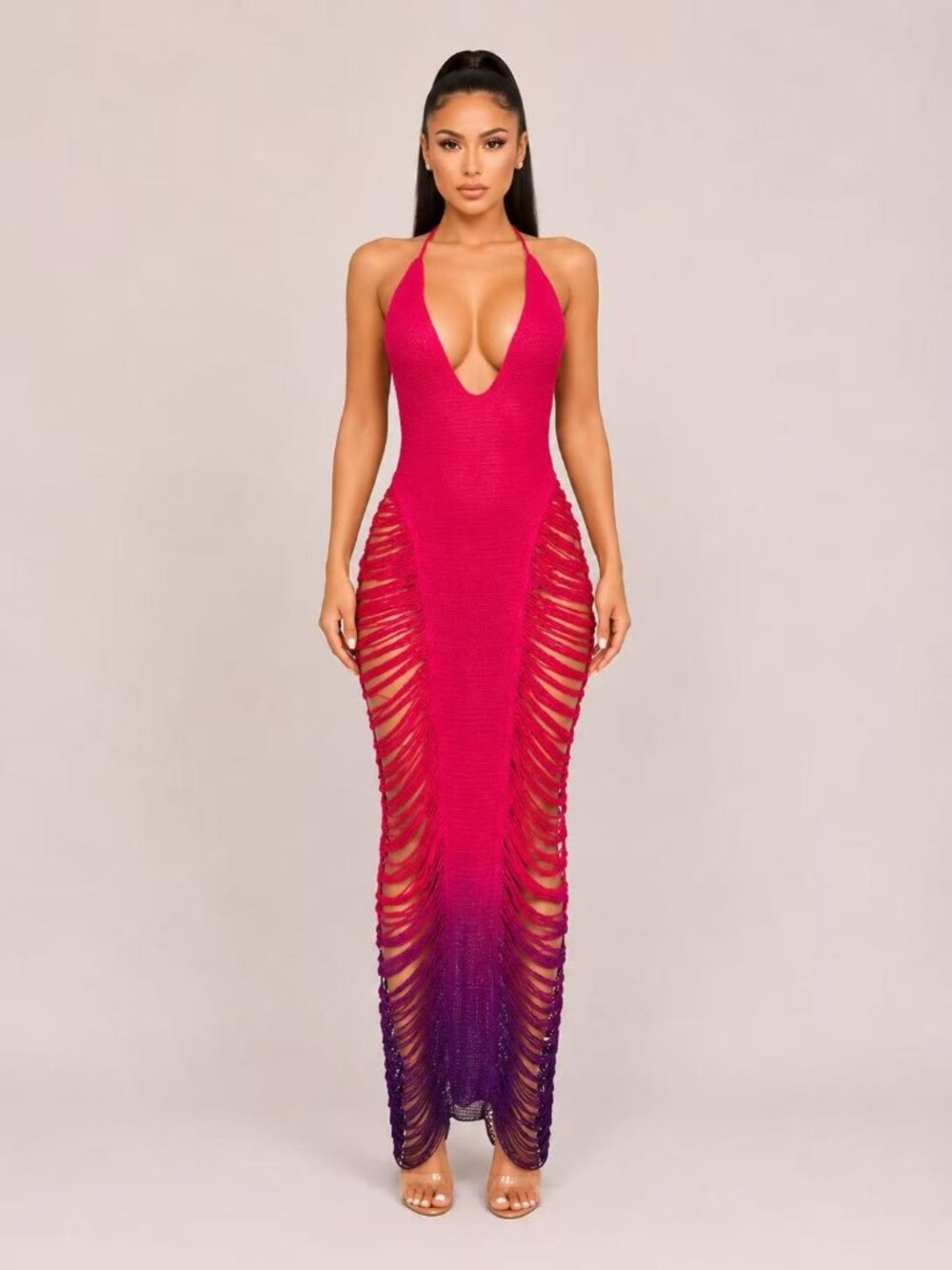 Fringe & Tassel Crochet Coverup Swimwear or Maxi Dress- Pink/Purple - Picture 7 of 7